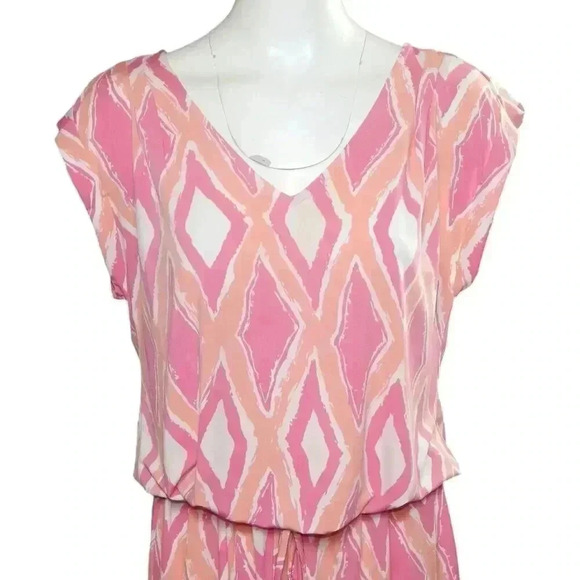 Tori Richard Tie Waist Dress Size Large Pink Blouson Cap Sleeve Mini V-Neck - Picture 2 of 6